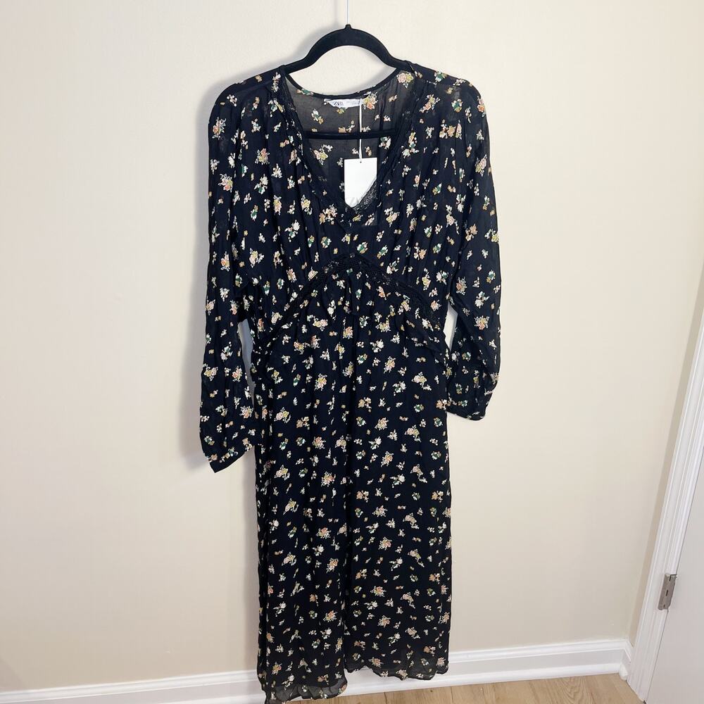 NWT Zara Floral Peasant Midi Dress Long Sleeves Size L Black - Picture 4 of 11